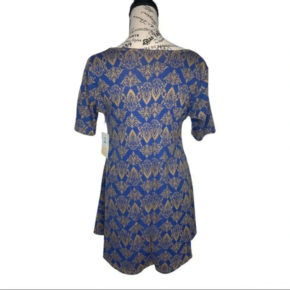 LuLaRoe NWT Perfect T Blue Gold Fleur-de-lis Knit Swing Top XXS - Picture 3 of 16